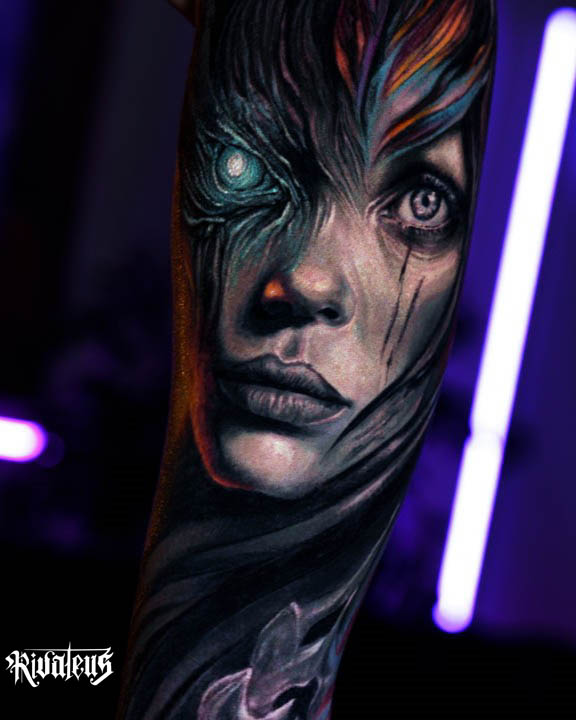 Cyberpunk Surrealism Portrait (Opaque Grey & Color) #cyberpunk #surrealismtattoo